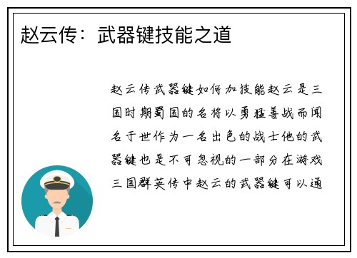 赵云传：武器键技能之道